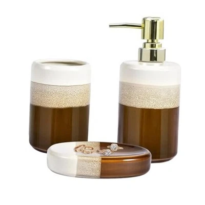 Juego de 3 accesorios de baño, natural reactivo marrón blanco 3 piezas acristalado reactivo Foto 1 de 4