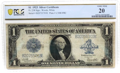1923  1$  SILVER CERTIFICATE Fr#238 PCGS 20 VERY FINE  WOODS WHITE SCARCER COMBO - Image 1 of 4
