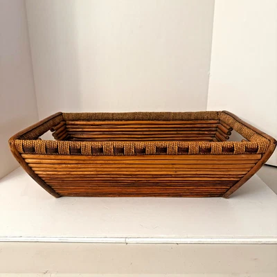 Vtg Handwoven Coiled Rattan Bamboo Wicker Rectangular Brown Basket w/Rope Wrappe - Image 1 of 4