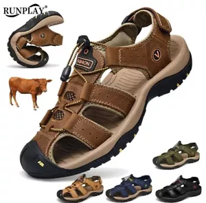 Leather Men Water Beach Sandals Summer Outdoor Casual Toe Sports Sandals No Slip - Picture 1 of 5