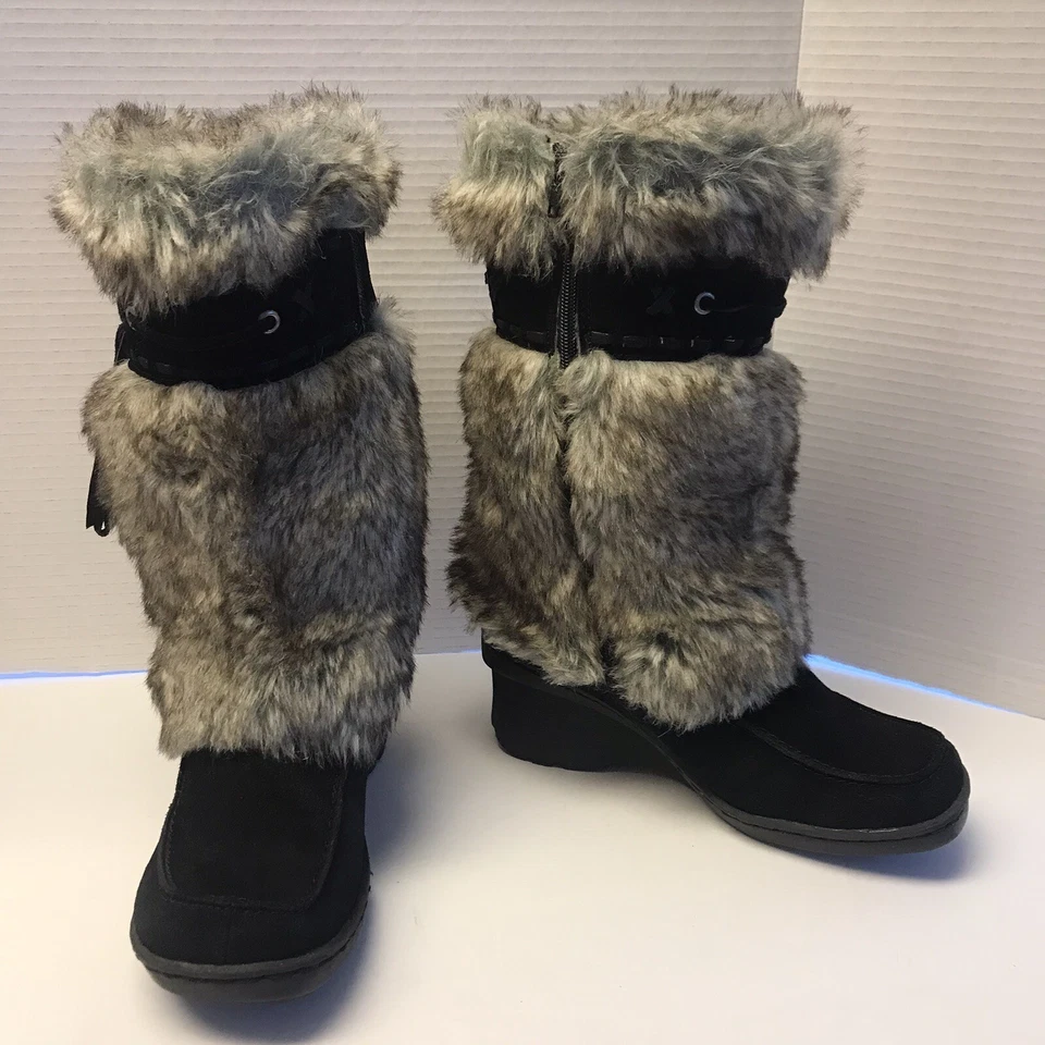 Baretraps Size 7M Wedge Black Suede Leather Faux Fur Kneehigh Boots - Image 1 of 4