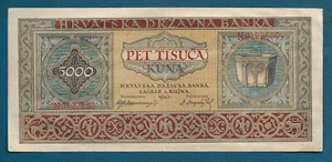 5000 Kuna 1943. Croatian banknotes NDH Ustasa WWII Germany Italy, Hrvatska ! - Picture 1 of 2