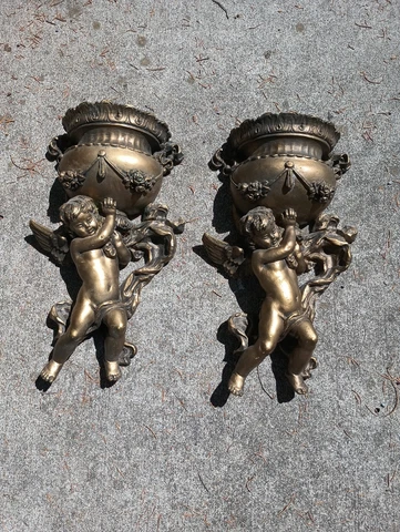 2 Beautiful Antique Vintage Cherub 14" Wall Sconces Sconce Cover