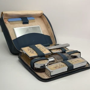 Vintage Two Tix Vanity Travel Set Leather Case Needlepoint Rose Details 9 Items - Picture 1 of 23