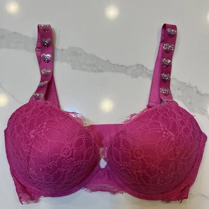 Victoria’s Secret Very Sexy Lace Rhinestones Hearts Shine Strap Push-Up Bra 32DD - Picture 1 of 5