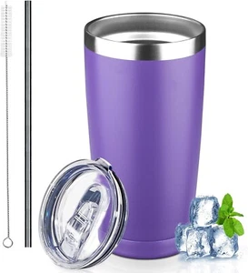 NEW PURPLE 20oz INSULATED STAINLESS STEEL TRAVEL TUMBLER W/ LID, STRAW & BRUSH - Picture 1 of 6