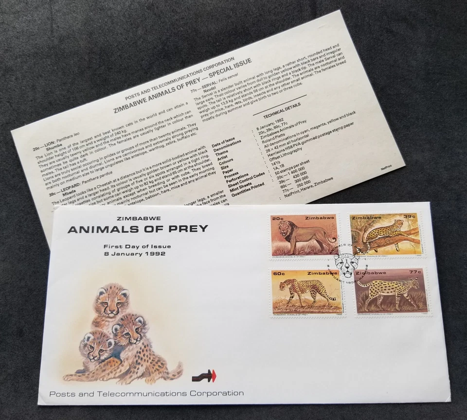 [SJ] Zimbabwe Animals Of Prey 1992 Big Cat Cheetah Lion Leopard (FDC) - Image 1 of 4