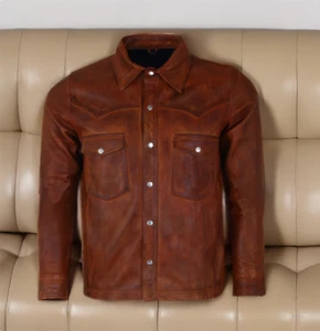Men's Vintage Brown Leather Shirt Jacket - Western Style - Picture 1 of 6