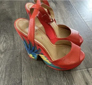 Nine West Brazil Sandals Floral Block Heel Peep Toe Ankle Strap Sz 6 1/2 Orange - Picture 1 of 6