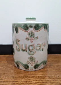 MA Hadley Green Pink Stoneware Sugar Canister With Lid Please Fill Me Lid Chip - Picture 1 of 11