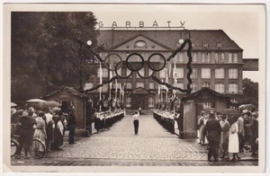 AK Echtfotokarte Zigarettenfabrik Garbaty, Festschmuck zu Olympia 1936 + Mi. 609 - Picture 1 of 2