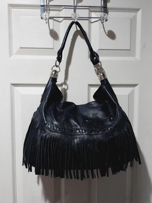 B. Makowsky Pebbled Genuine Leather Fringe Hobo Boho bag Handbag Cowgirl Blk - Image 1 of 4