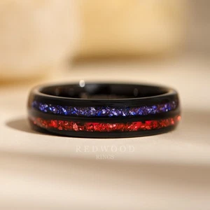 Black Tungsten Ring with Blue and Red Lab-Created Sapphire and Garnet Inlays - Picture 1 of 10