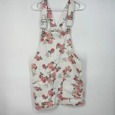 No Boundaries Juniors Large Overalls Short Dress White Pink Green Floral Denim - Image 1 of 4