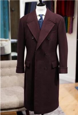 Wool Men's Long Overcoat Double Breasted Peak Lapel Formal Business Outdoor Coat - Image 1 of 4