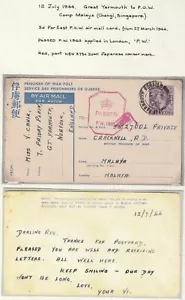 1944 CARTA DA GUERRA 3D GRANDE YARMOUTH NORFOLK R D CRACKNELL MALAYA CENSURATA DUE VOLTE GUERRA MONDIALE - Foto 1 di 2