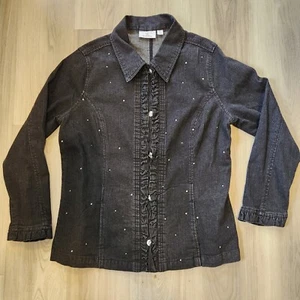 Quaker Factory Black Denim Jean Jacket Rhinestone Embellishments Womens Medium - Picture 1 of 7