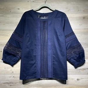 Talbots Crochet Lace Cotton Top Large Navy Blue Semi-Sheer 3/4 Balloon Sleeve - Picture 1 of 10