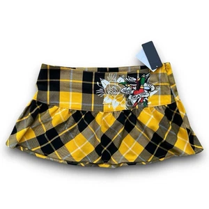 Ed Hardy - Plaid True Eagle Mini Skirt - Women’s Size Large - Yellow Black Plaid - Picture 1 of 14
