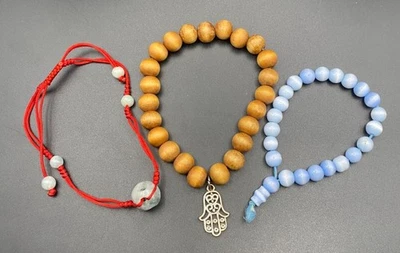Lote de 3 Pulseras Espirituales Cuentas Jadeíta Azul Ojo de Gato Vidrio Madera Hamsa Foto 1 de 4