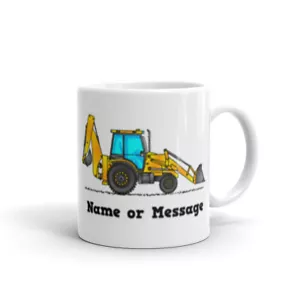 Personalized Backhoe Mug. Coffee Mug with Yellow Backhoe. Custom Construction - Picture 1 of 7