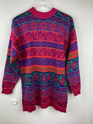 Vintage Y2K Colorful Oversized Pullover Sweater Tunic Pink Red Blue Womens L  - Image 1 of 4