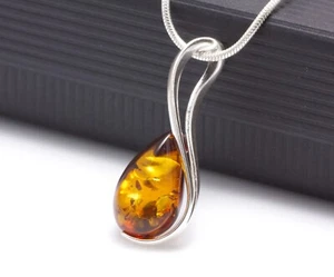 NATURAL BALTIC AMBER Jewellery Gemstone STERLING SILVER 925 PENDANT NECKLACE - Picture 1 of 10