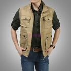 Mens Cargo Vest Jacket Cotton Waistcoat Multi Pockets Outdoor Fishing Sleeveless
