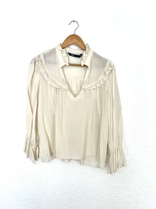 Zara Elfenbein Perlen Landhaus Fee Bluse, Rüschenärmel, Small, Boho, Fairycore - Bild 1 von 4