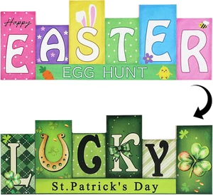 St. Patrick’S Day Wooden Table Sign Easter Decorations LUCKY EGG HUNT Reversible - Picture 1 of 12