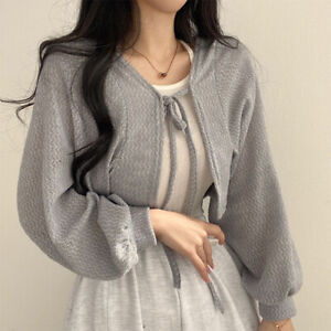 Women Fashion Retro Short Knitted Smock Thin Long Sleeve Sunscreen Cardigan
