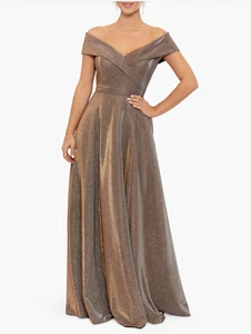 Xscape V4507 Sand Off-the-Shoulder Glitter-Knit Fit & Flare Gown Size 10 - Picture 1 of 4