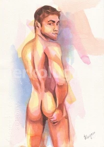 Original Handgemaltes Kunstwerk Aquarell Gemälde Erotik Männlich Mann Akt Gay - Bild 1 von 1