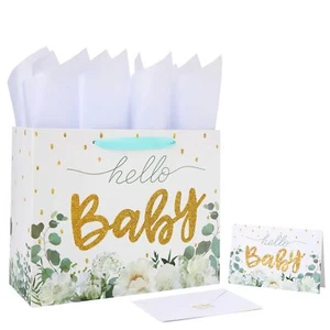 13" Large White Gift Bag Set with Greeting Card and Tissue Papers (Gold Glitt... - Picture 1 of 6