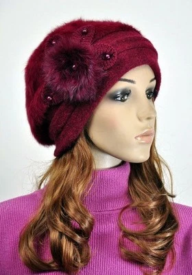 JM39 Rabbit Fur & Wool Women's Winter Hat Beanie Cap Cute Pearls Flower Wine-red - Image 1 of 4