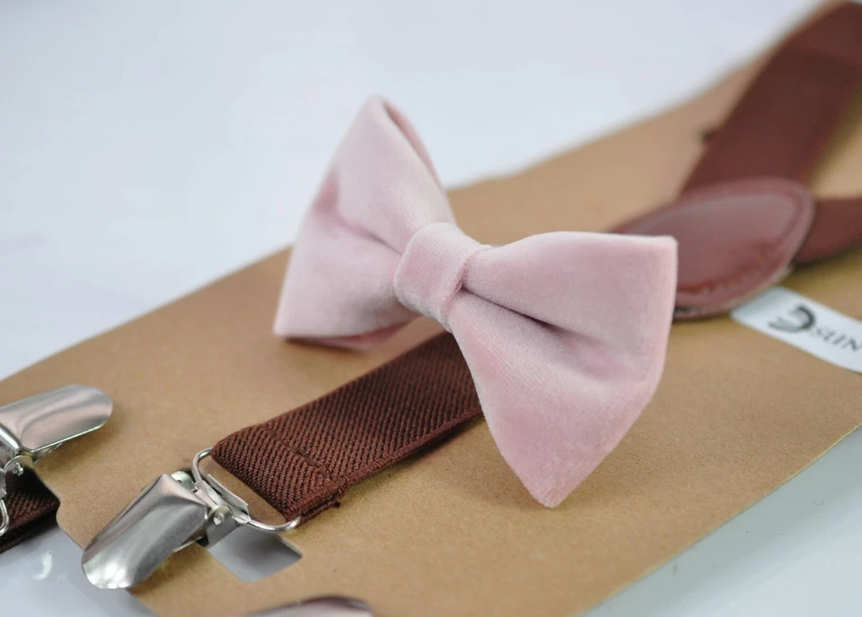 Pajarita de terciopelo rosa polvoriento rubor + tirantes elásticos marrones para hombre/jóvenes/niño Foto 1 de 4