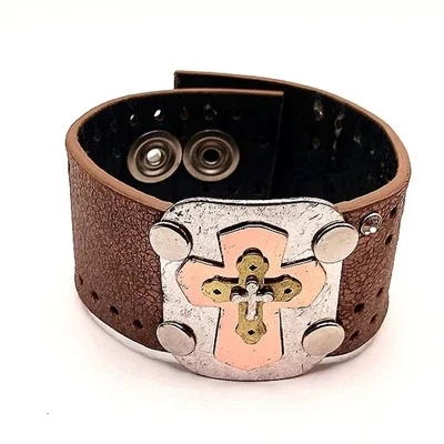 Pulsera Cruz Cuero Color Cobre + Plata 9" Foto 1 de 4