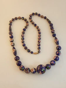 Collar de cuentas de oro 14k cloisonne azul chino vintage con cierre de 14k - Imagen 1 de 12