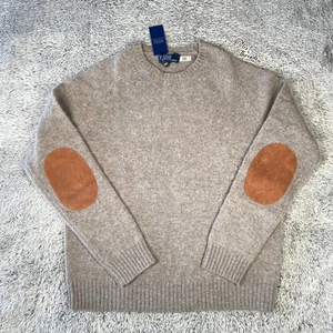 $348 Polo Ralph Lauren Suede Patch Wool Crewneck Sweater Size Medium Men Grey - Picture 1 of 8