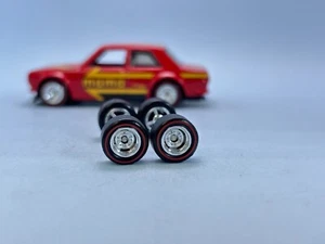 R447 Hot Wheels 1/64 Real Riders # Slotted Chrome 10mm Red , Long Rubber Wheels - Picture 1 of 8