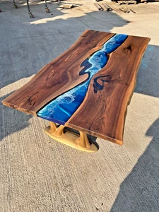Walnut Wood Table Epoxy Dining Table Live Edge River Table Epoxy Resin Table - Picture 1 of 24