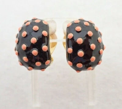NUEVO Joan Rivers Pendientes Clip Medio Aro Esmalte Punto Negro y Naranja Foto 1 de 4