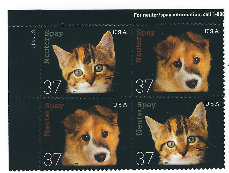 Scott #3670/1..  37  Cent...Neuter or Spay... Plate Block   - Image 1 of 1