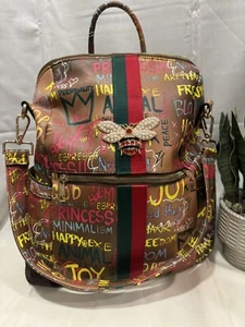 Alba Tan/Multi Color Graffiti Queen Bee Striped Convertable Backpack Handbag - Picture 1 of 9
