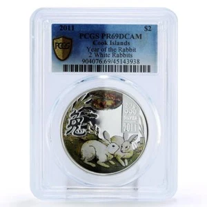 Cook Island 2 $ Year of Rabbit Chinese Lunar White Rabbits PR69 PCGS silver 2011 - Picture 1 of 2