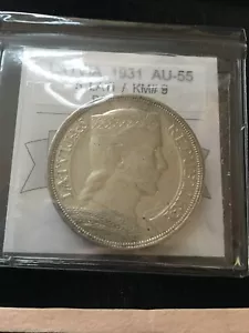 1925 Latvia, 5 Lati, Coin Mart Graded **AU-55 Scratch** KM # 9 - Picture 1 of 8