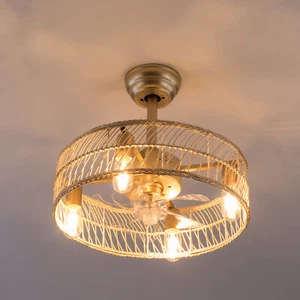 18'' Ceiling Fan Light Bamboo Caged Ceiling Fans Light w/ Remote Control&Battery - Picture 1 of 22