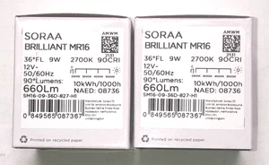 TWO SORAA BRILLIANT HI LUMEN 9W LED MR16 12V - 36 DEGREE FLOODS - 2700K - Picture 1 of 2