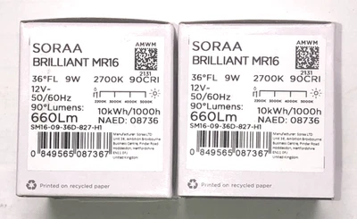 TWO SORAA BRILLIANT HI LUMEN 9W LED MR16 12V - 36 DEGREE FLOODS - 2700K - Image 1 of 2