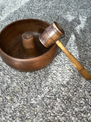 Vintage Hand Turned Wooden Bowl With wooden cracker - Image 1 of 4